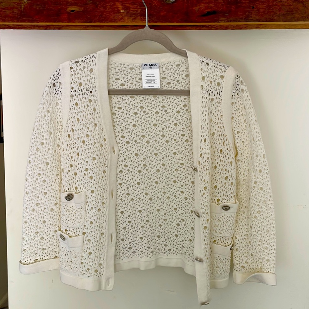 Authentic Chanel White Crochet Knit Cardigan